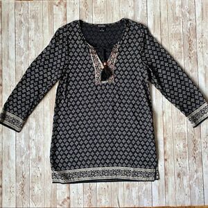 Lucky Brand Black Boho Beaded Tie Neck Tunic Size XS